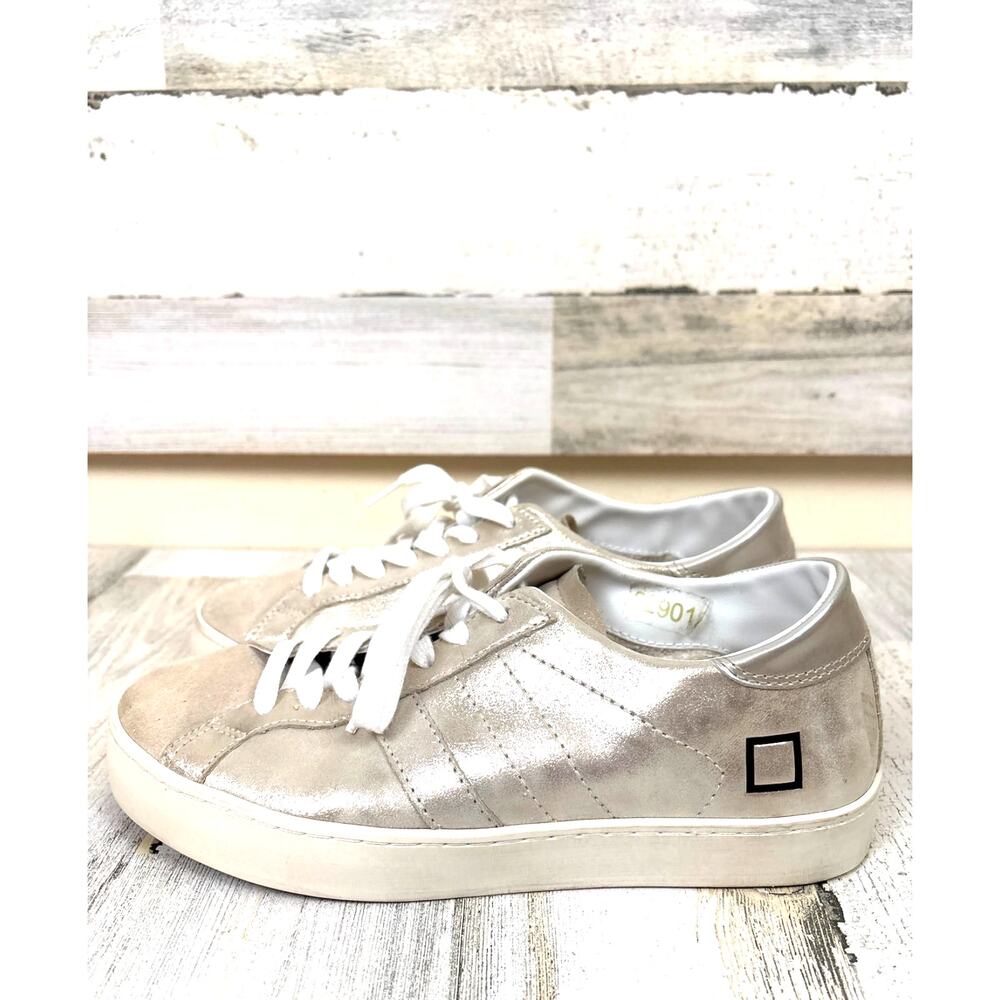 D.A.T.E. Womens 6.5 Platinum Metallic Hill Sneakers Luxe Designer Low Top Casual